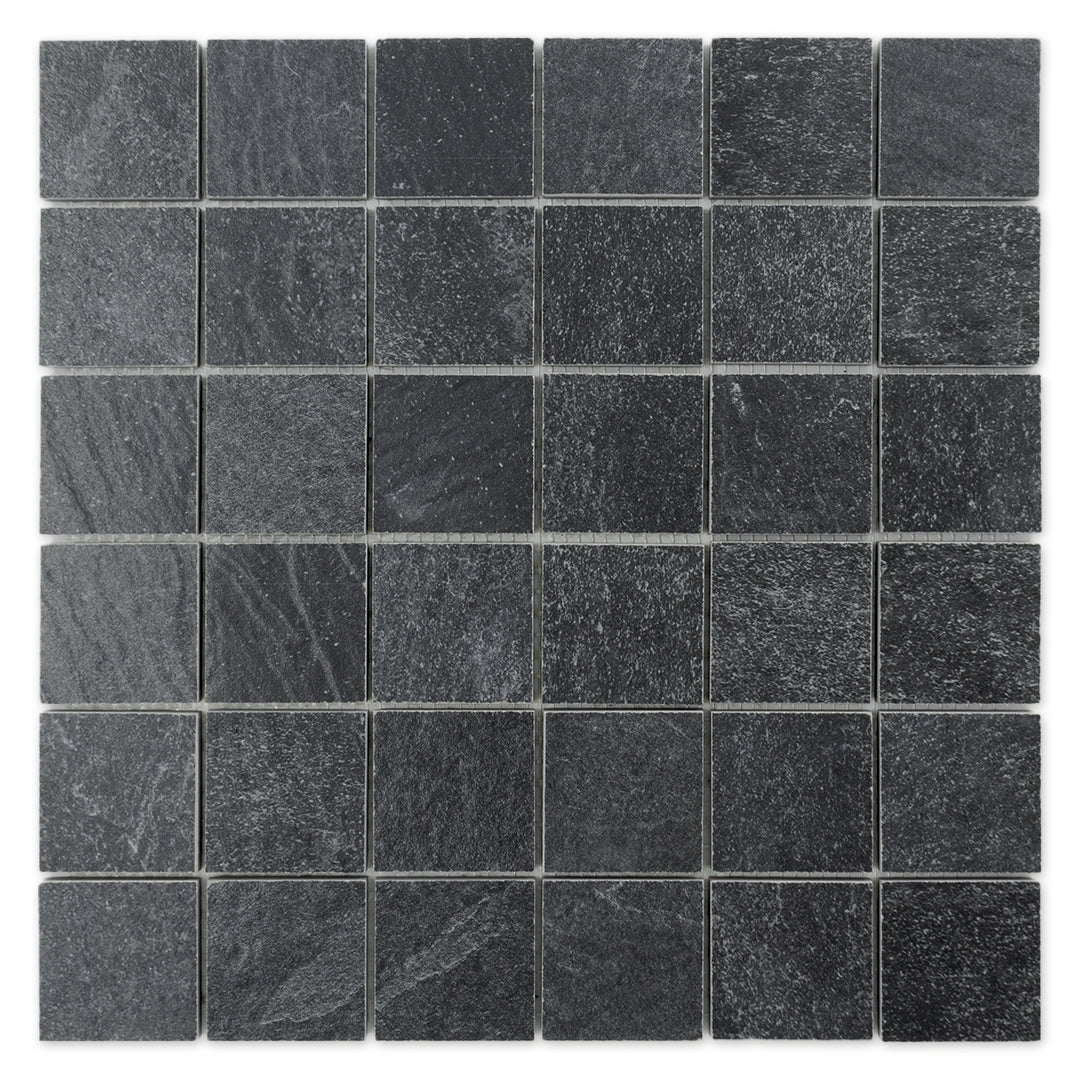 Ariel view of a 2 inch square 12x12 sheet mosaic in a slate look black stone. 