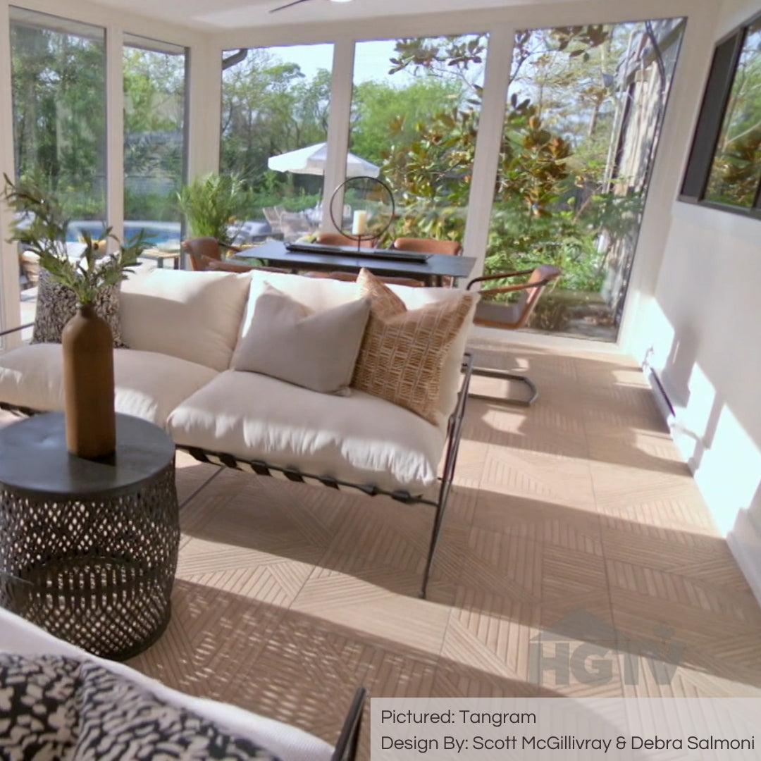 A gorgeous solarium from hgtv with light and linen finishes and tangram oak wood look geometric pattern textured floors. 