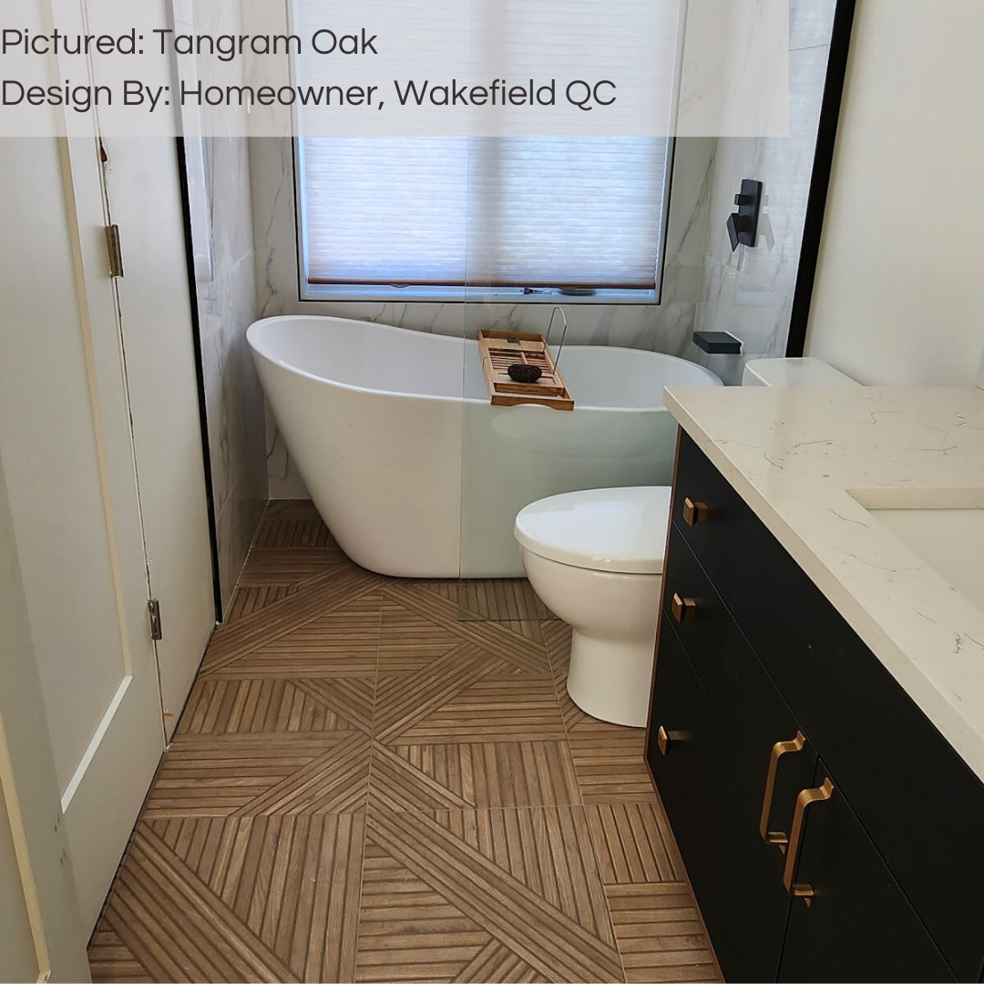 A great use of space in a smaller bathroom with a shower and tub combination and tangram oak wood geo pattern look tiles on the floor. 