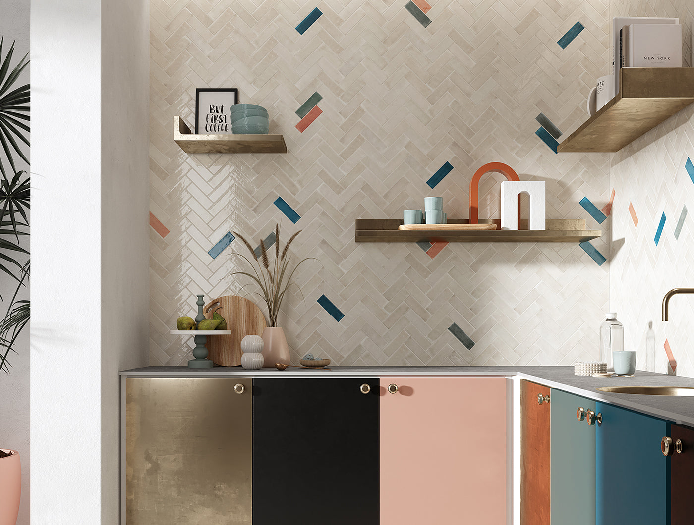 A tiled kitchen wall vignette featuring mostly 2x6.5 biscuit bars; a glossy sepia beige taupe cream tile with heavy colour variation. The colourful tiles are sold separately. 