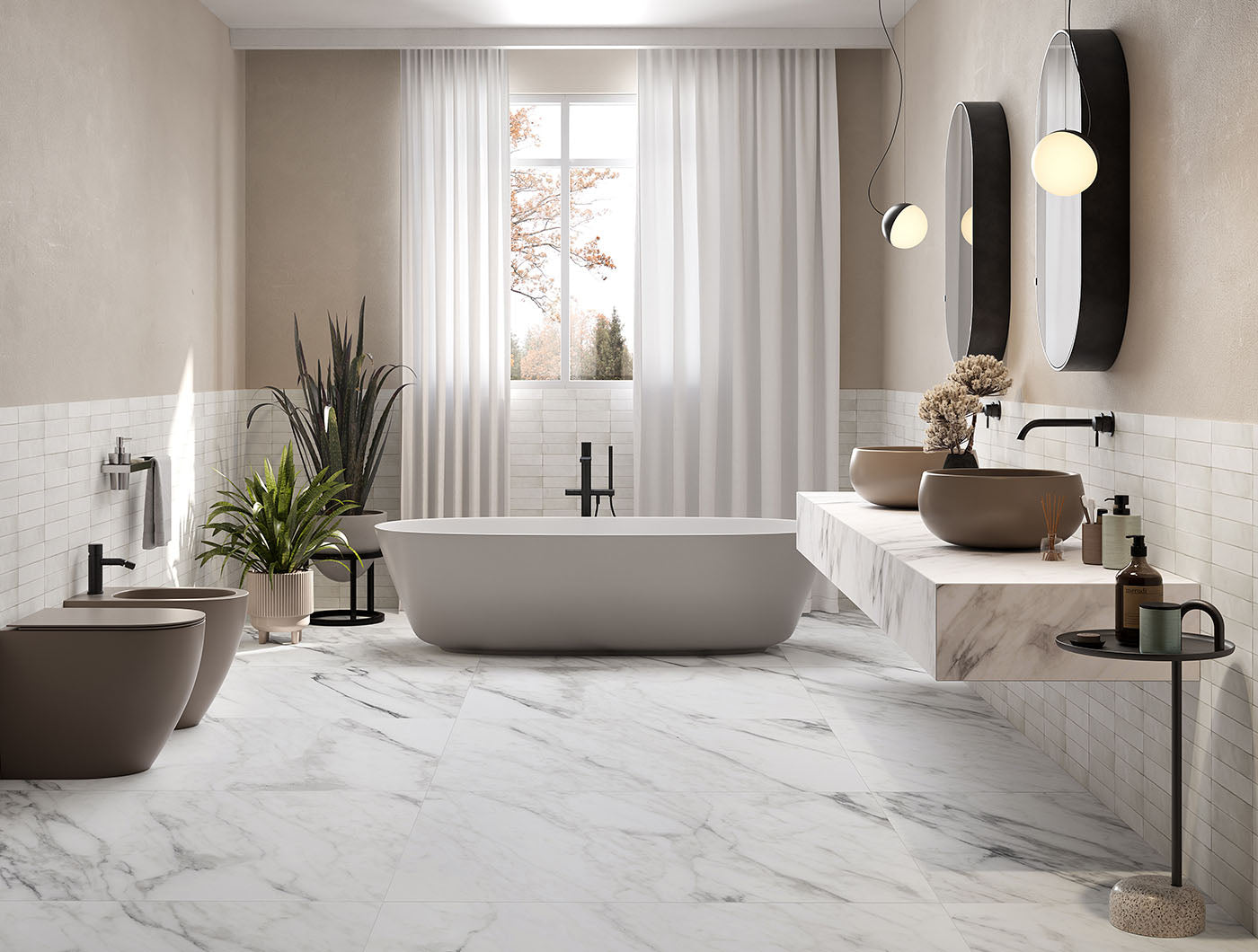 A modern bathroom with marble floors and stone, the walls are half painted with beige paint and the lower half are tiled with tilesinspired tiles. Those wainscotting tiles are 2x6.5 milkstone bars; a matte off white cream tile with colour variation. 