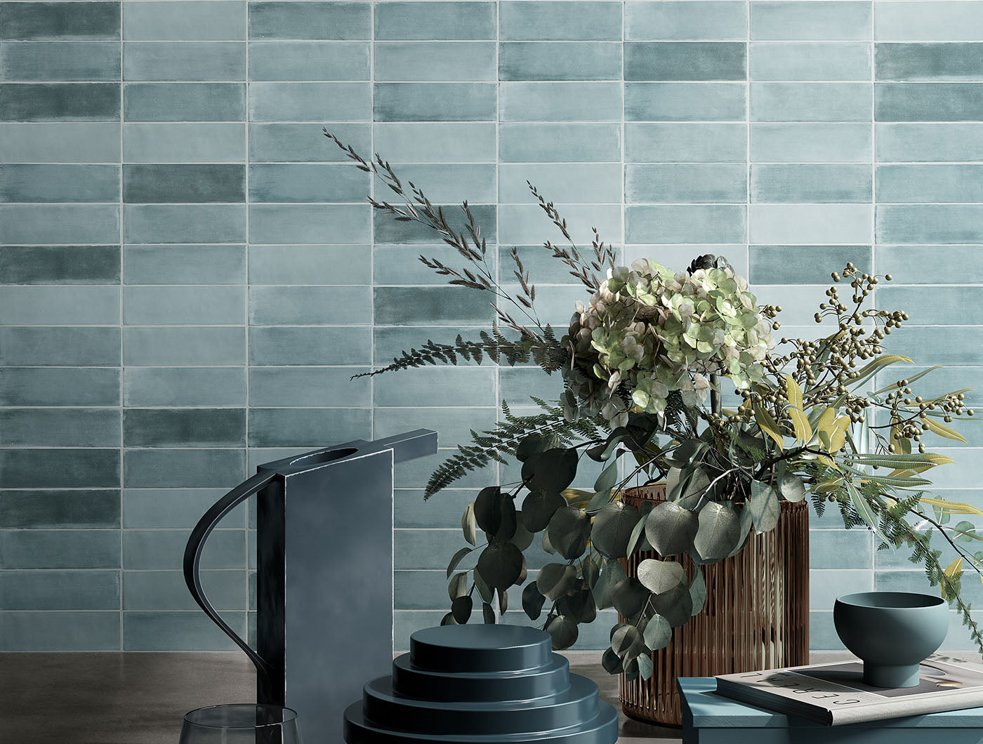 A tiled wall featuring 2x6.5 aqua bars; a matte light tiffany watery blue turquoise tile with heavy colour variation. 