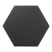 A single ariel view of black 9x10 hexagon tile, checkmate black features a slight stone look, with subtle texture and a matte finish. 