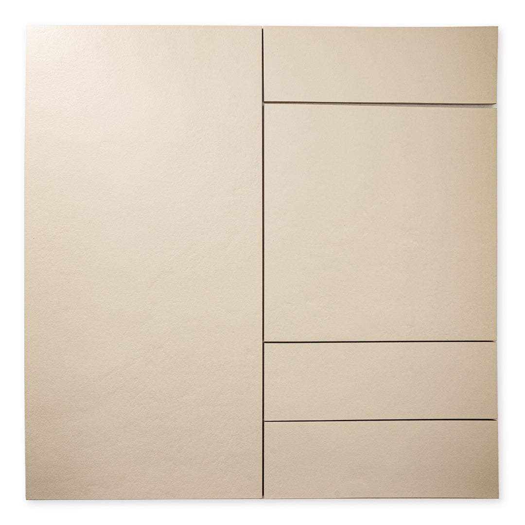 Multiple sizes of the beige tile laid out to show the tiles together with a soft stone appearance and texture. 