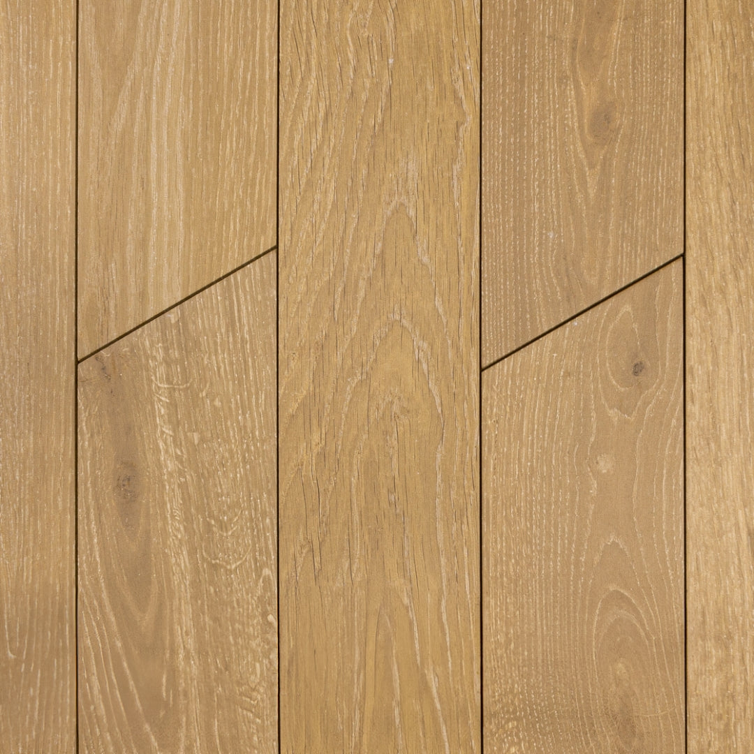 Ariel Close up view of 4x20 chevron wood look tiles in oak showing how the tiles line up together in a brick look. 
