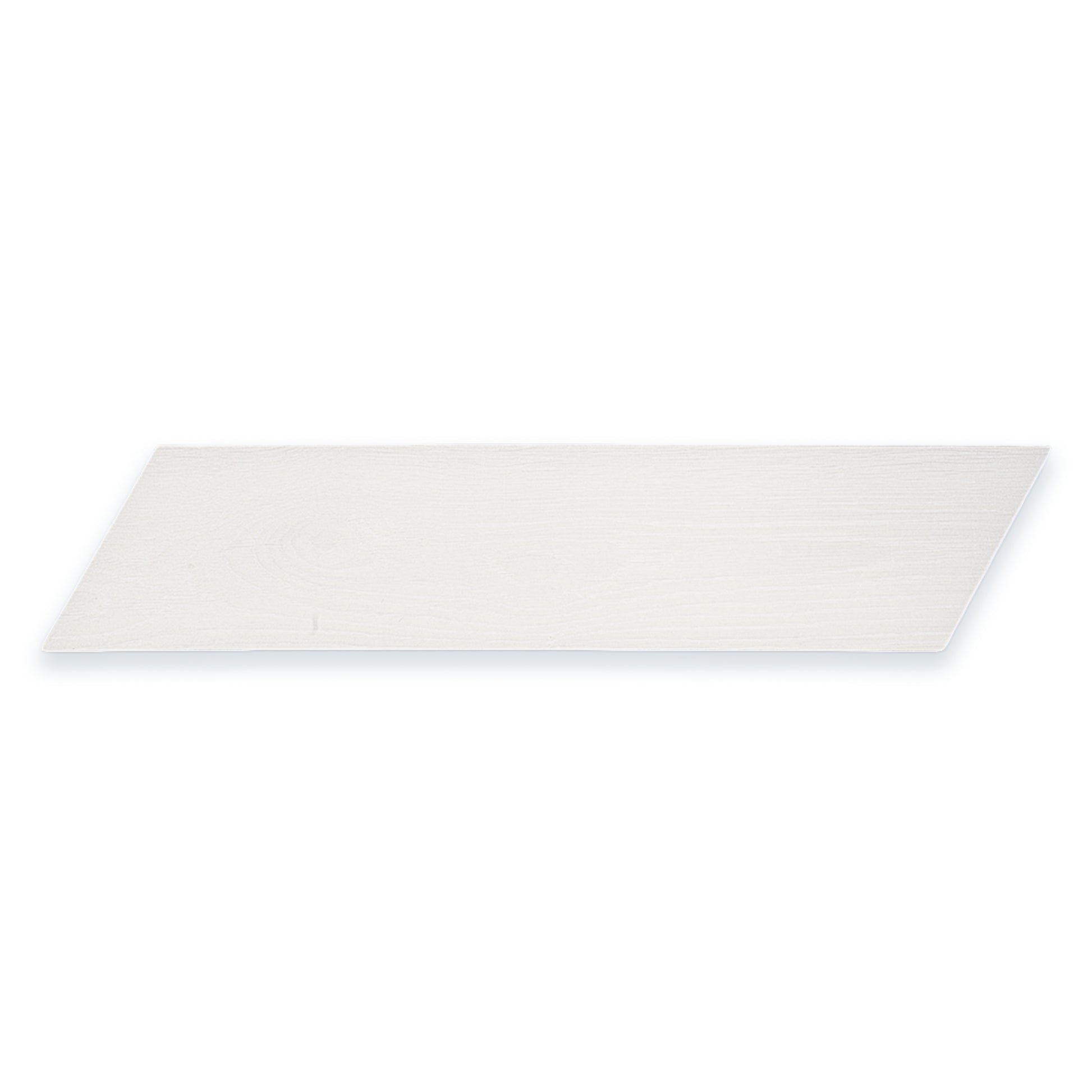 Ariel view of a single 4x20 chevron wood look tile in white. 