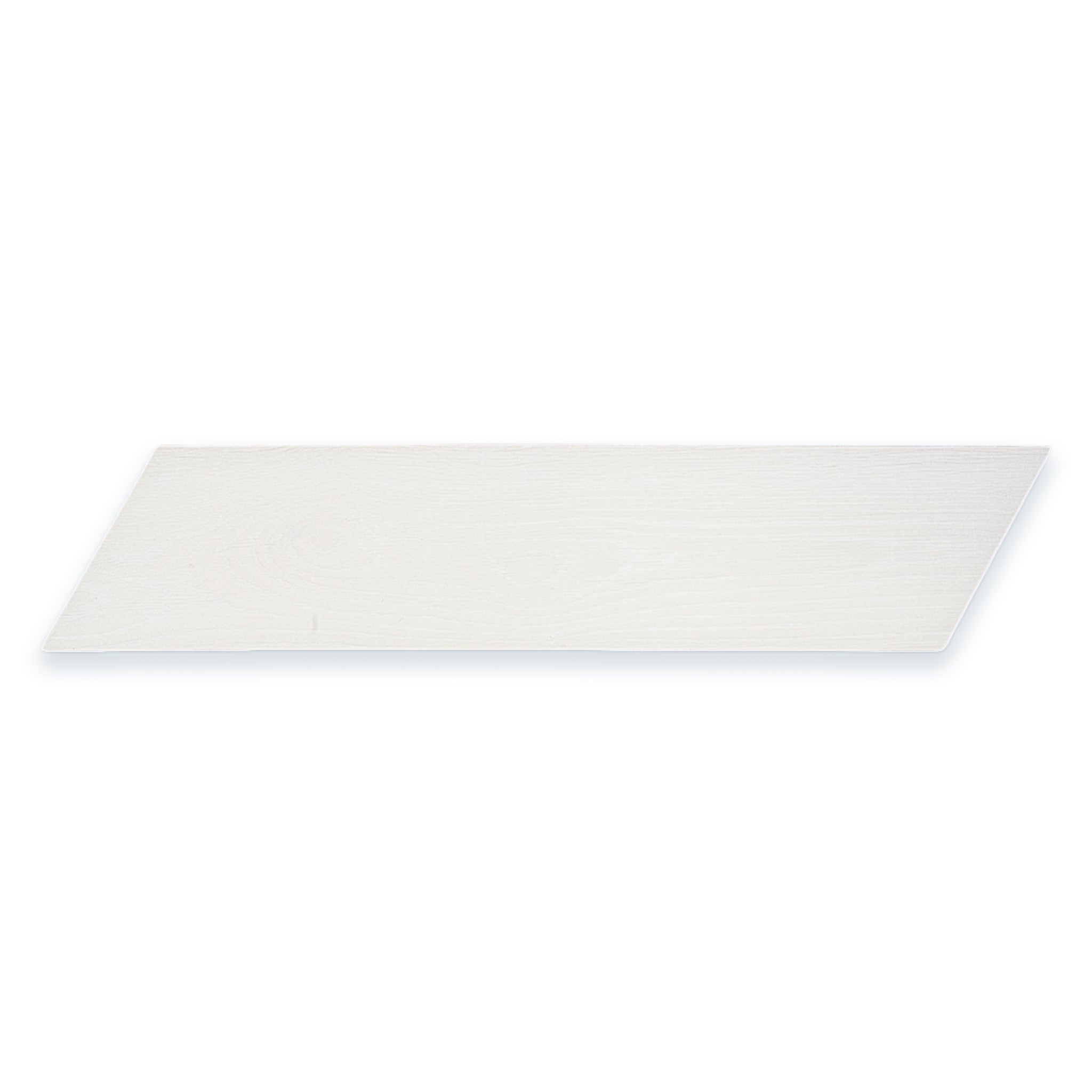 Ariel view of a single 4x20 chevron wood look tile in white. 