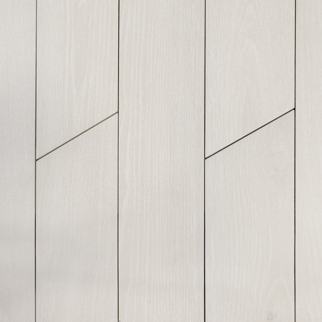 Ariel Close up view of 4x20 chevron wood look tiles in white showing how the tiles line up together in a brick look. 