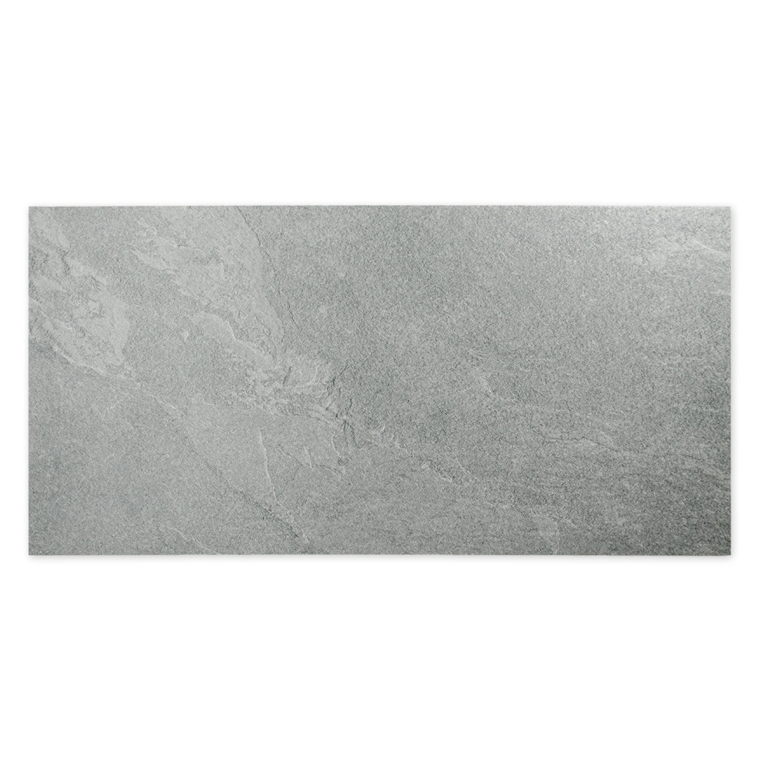 Ariel view of a single rectangular large slate grey tile with light veining. 