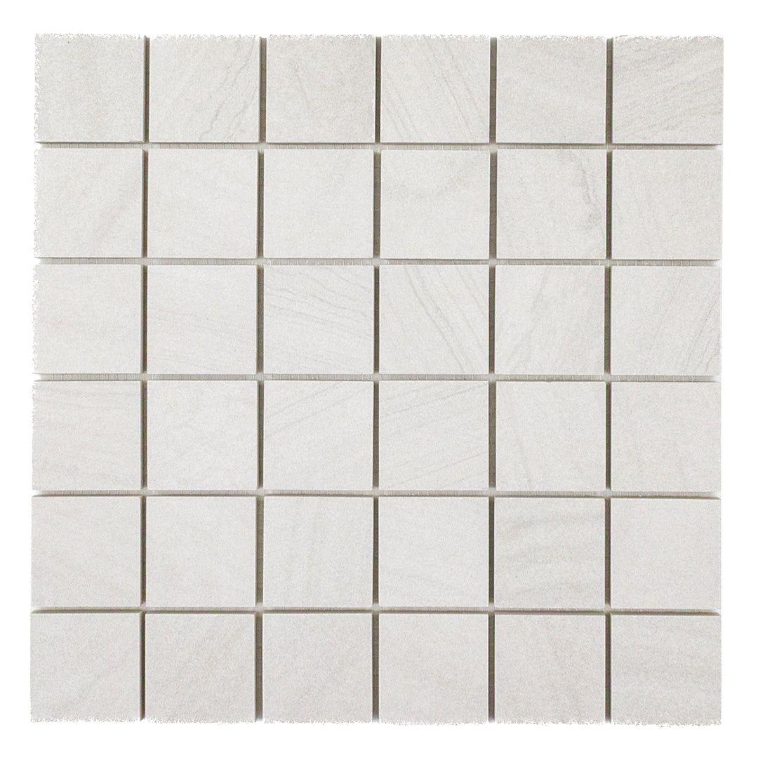 ariel view of a stone look 2x2 square mosaic in grey perfect for a shower floor, or niche accent. 