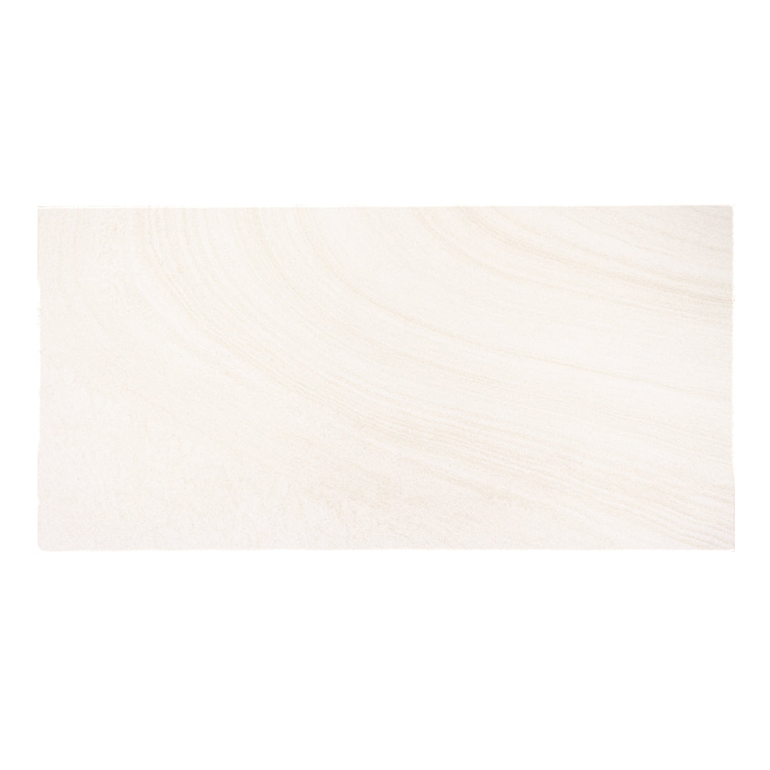 A single solenne white stone look rectangle large tile with off white and grey stone veining. 