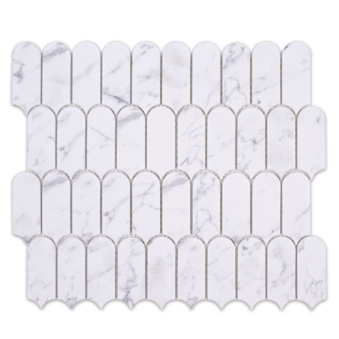 Ariel view of a single sheet of white and grey veining marble look porcelain feather scallop mosaic tiles.