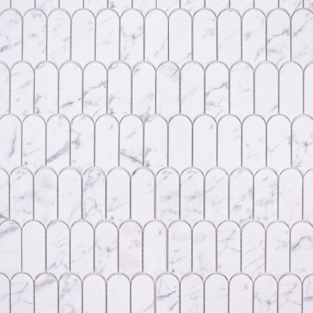 Ariel view of white and grey veining marble look porcelain feather scallop mosaic tiles.
