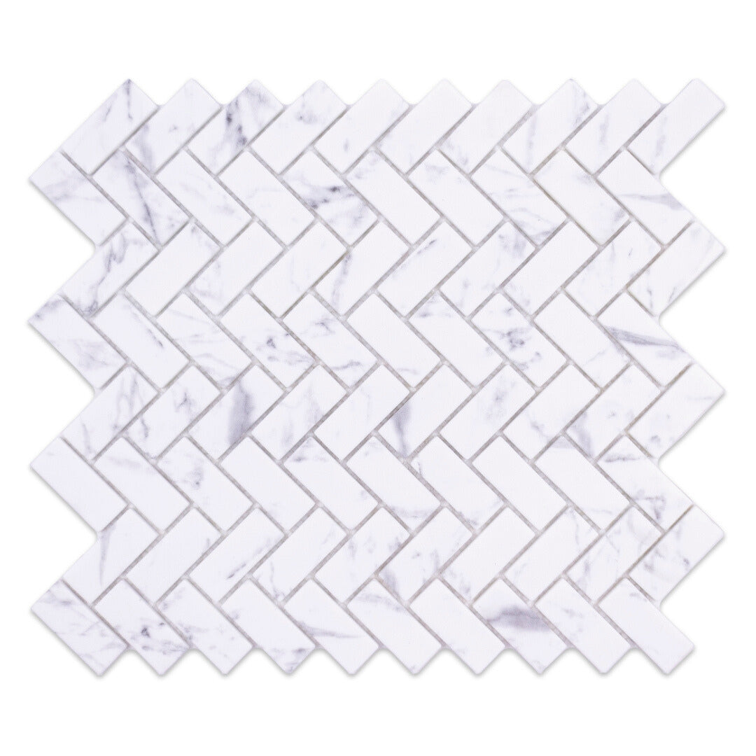 Ariel view of a single sheet of herringbone mosaic tile and the tiles are white and have a grey marble veining pattern. 