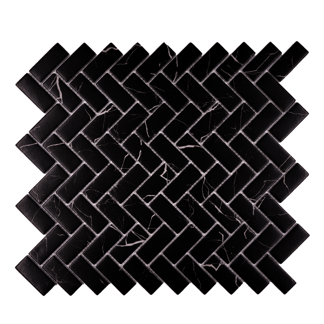 Ariel view of a single sheet of black marquina marble look 1x3 herringbone mosaic sheet tiles to show the deep colour, marble veining and finish. 