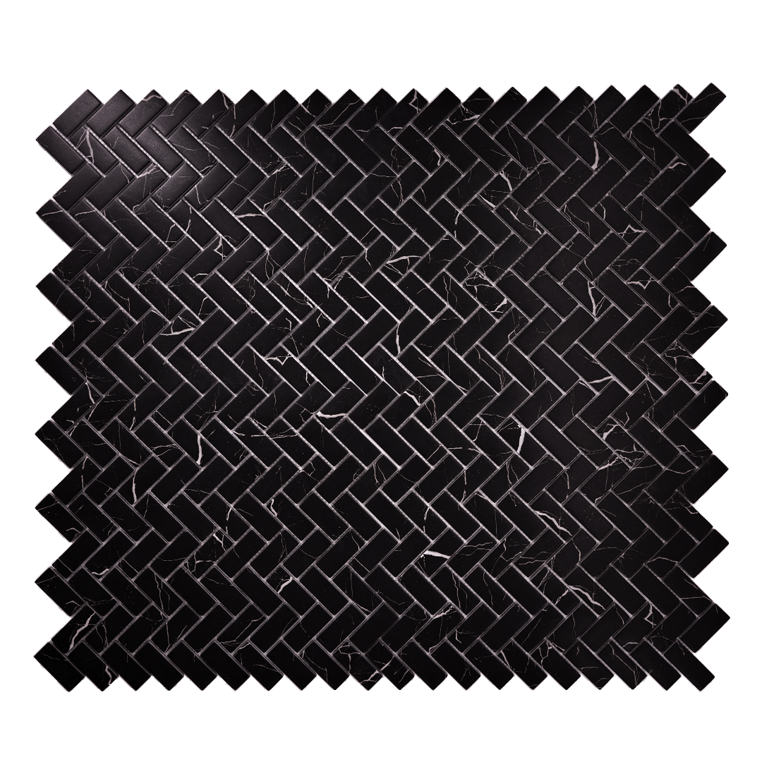 black marquina marble look 1x3 herringbone mosaic sheet tiles highlighting the deep colour, marble veining and finish. 