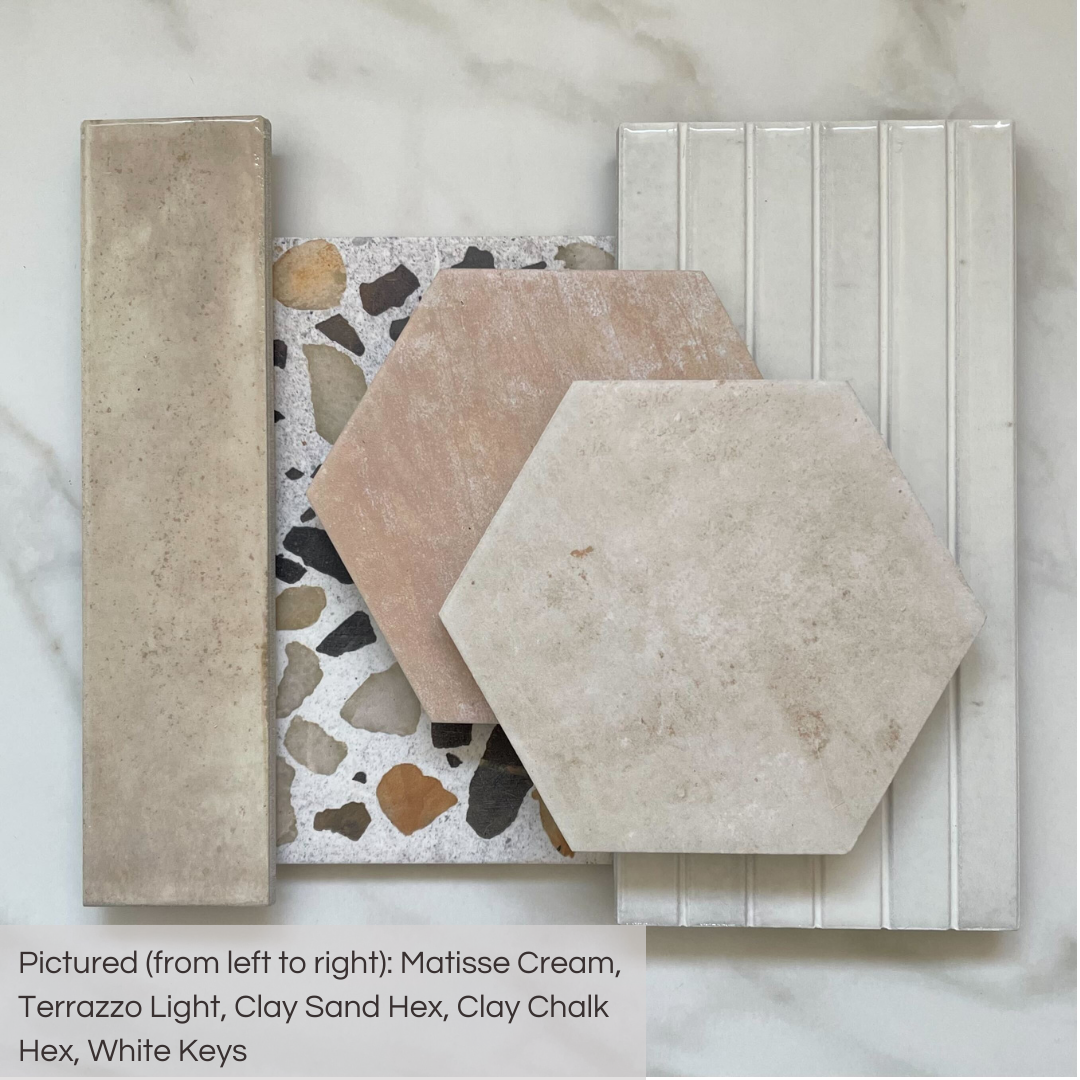 Tiles the compliment each other for a whole room: matisse cream subway tiles, terrazzo look tiles, clay hexagon in sand and chalk and white keys textured glossy tile. 