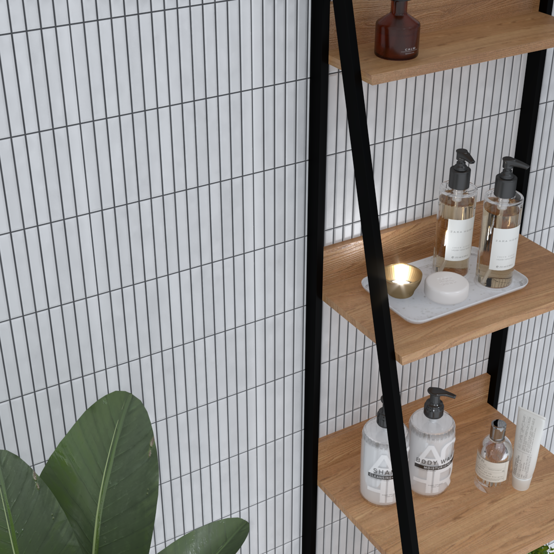 a close up of a bathroom wall using viva white kitkat fluted style 4.5x9 panels. there is a subtle colour variation and is styled with a plant and modern wood bookshelf