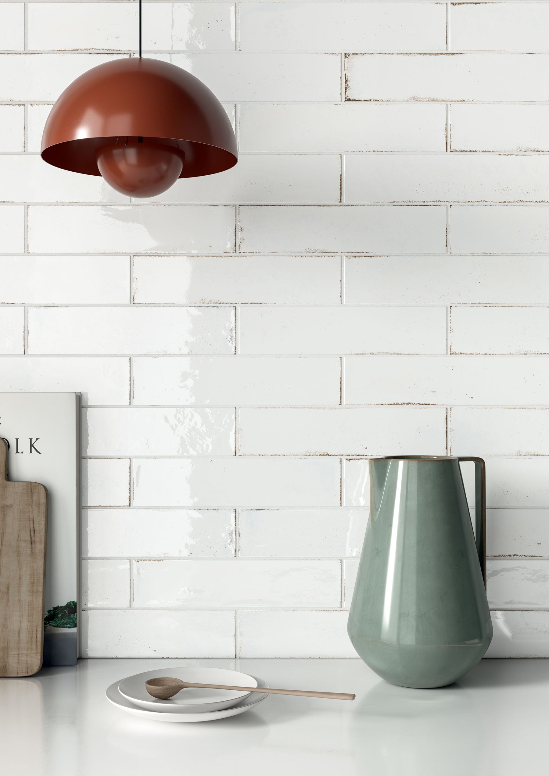 Kitchen backsplash  using handmade look subway tile matisse bianco 2.5x8 glossy