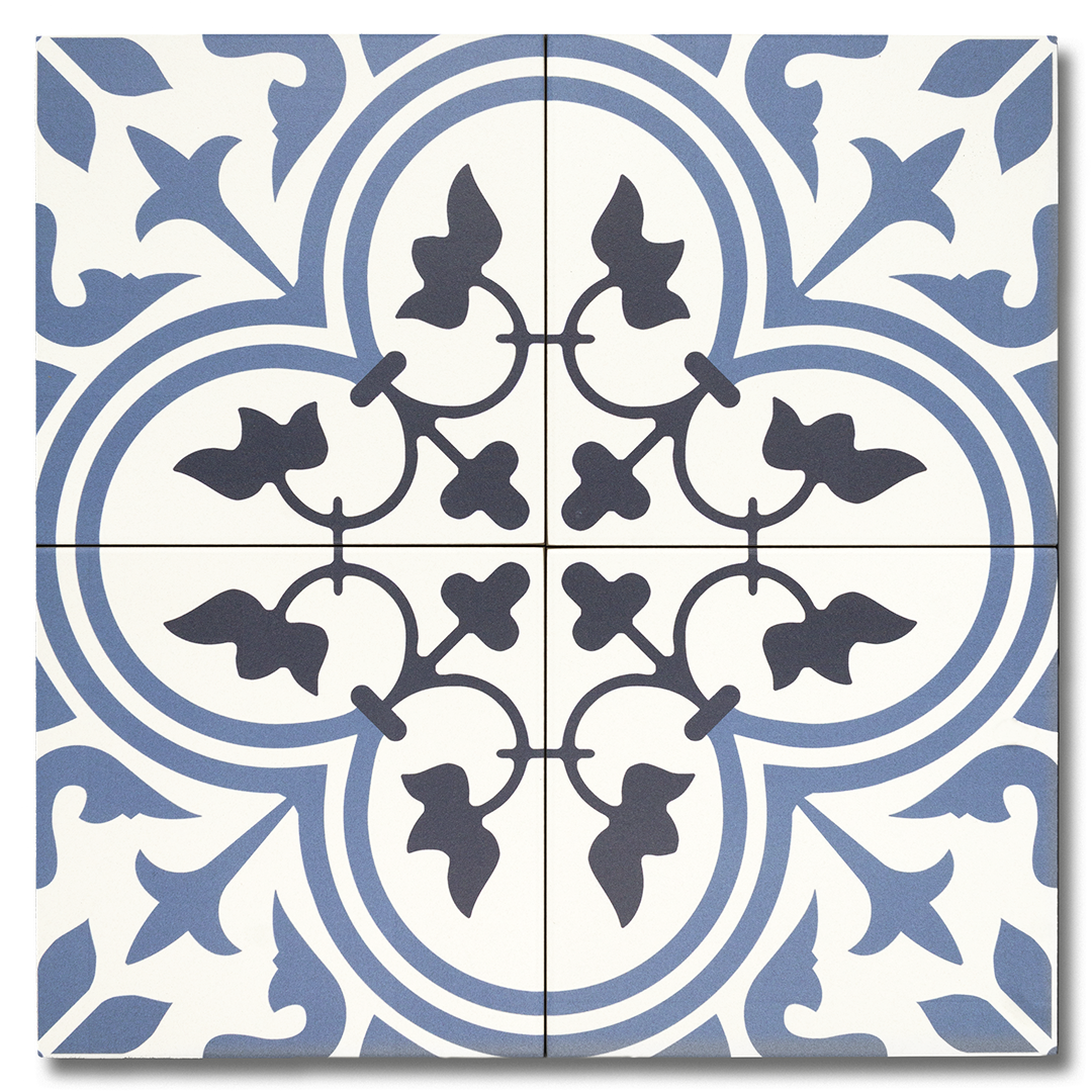 Hydraulic Black, Blue and White vintage matte porcelain decorative pattern tile for residential and commercial bathroom and kitchen floor and wall imported from Spain, Sottocer Tulip available from TilesInspired Canada's Online Tile Store delivering across Ontario and Quebec, including Toronto, Montreal, Ottawa, London, Windsor, Kitchener, Muskoka, Barrie, Kingston, Hamilton, and Niagara design idea