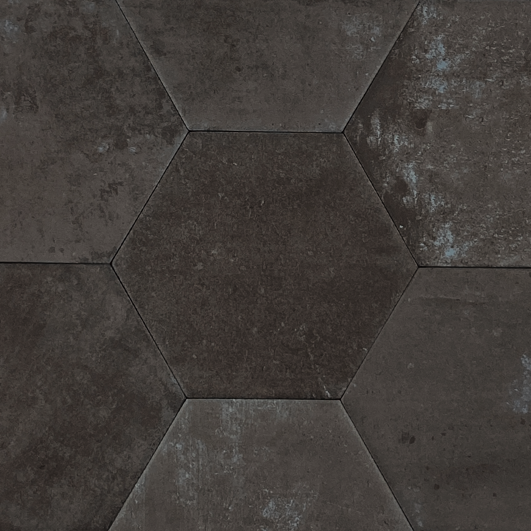 A group of 6" hexagon clay charcoal stone look tiles with colour variation