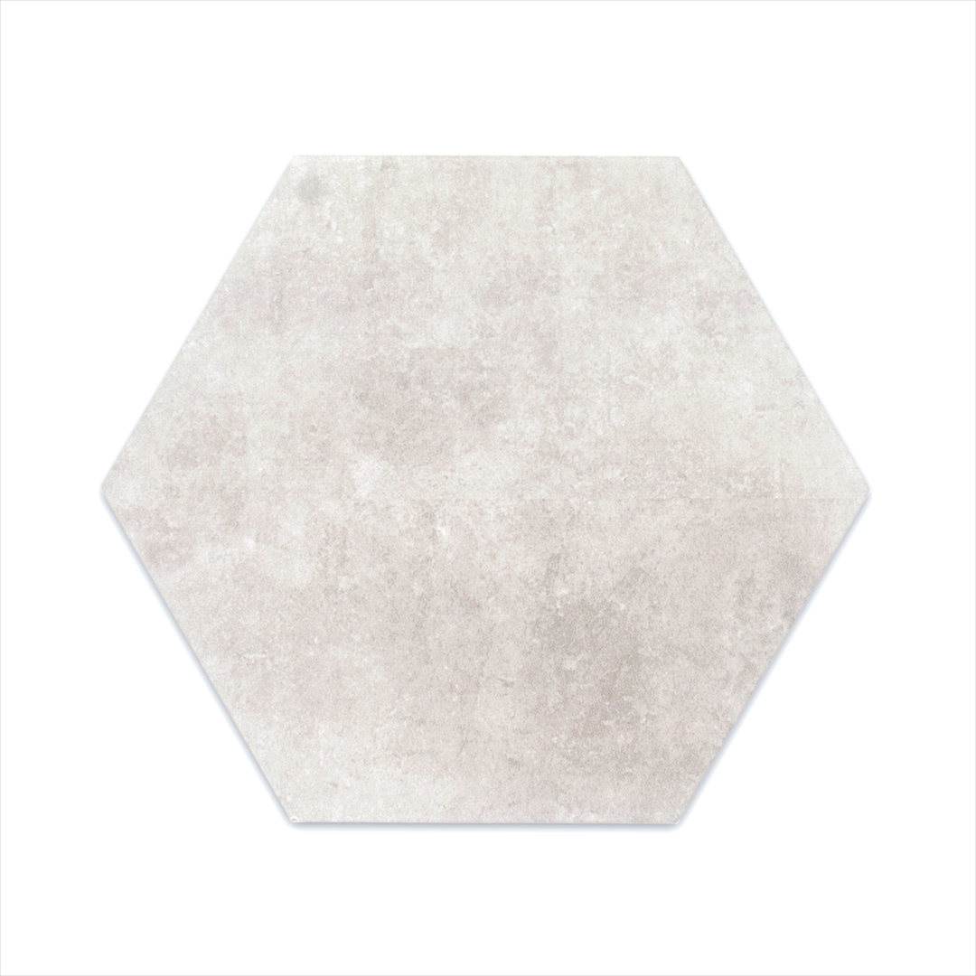 A single 6" hexagon clay silver cement grey stone look tile
