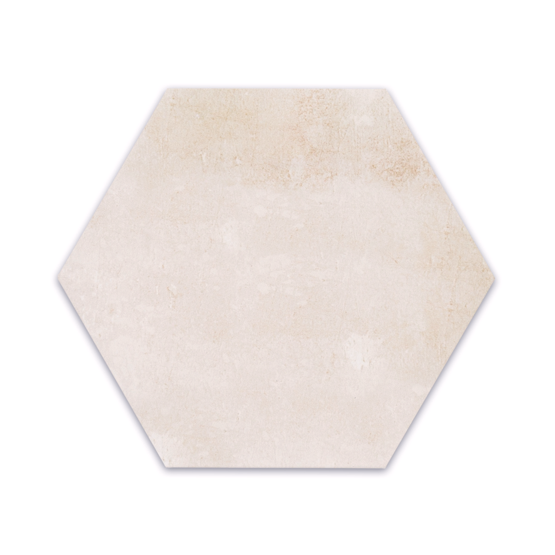 A single 6" hexagon clay chalk white stone look tile