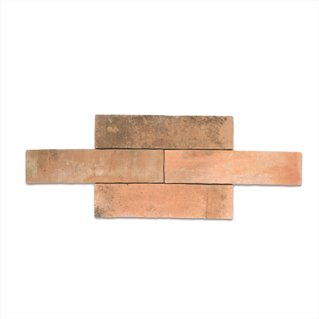 A group 11x2.75 brick clay terracotta stone look tile with heavy colour variations and a natural vibe