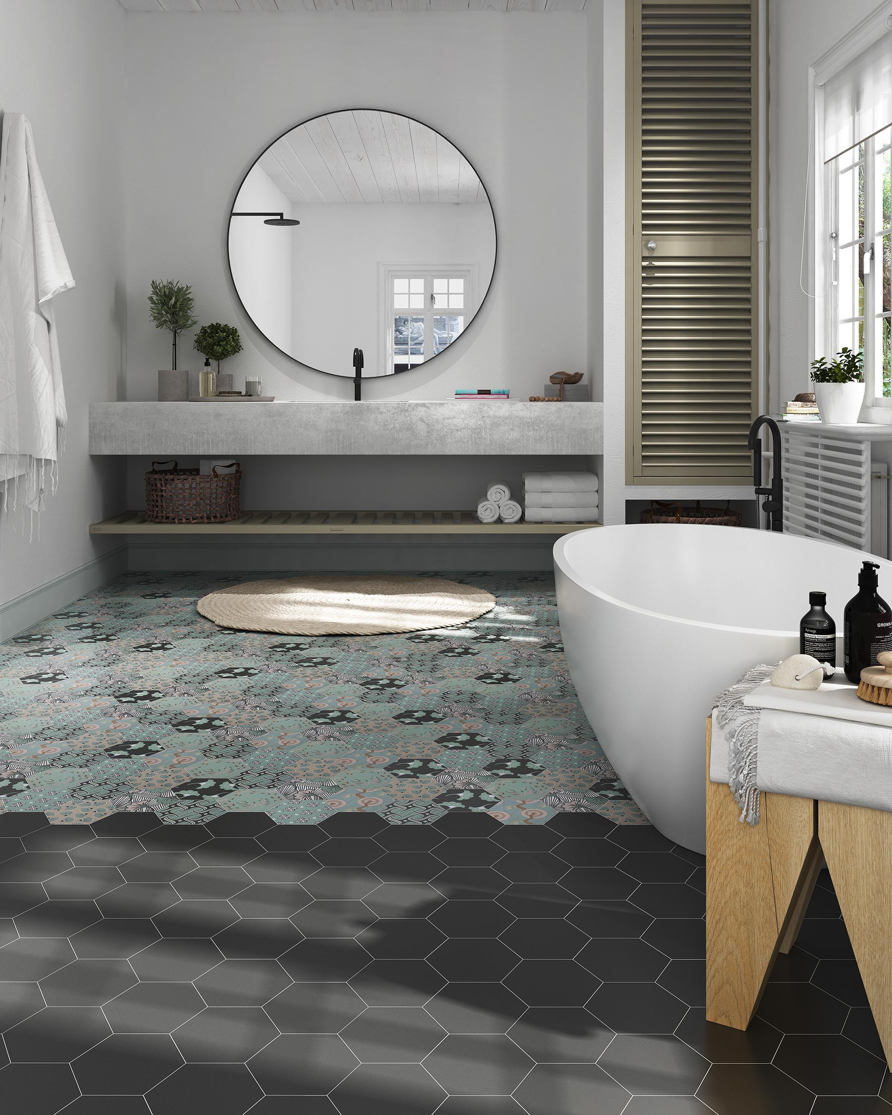 Good Vibes Blossom Black, Green, and Pink modern matte porcelain hexagon tile for commercial bathroom and kitchen floor and wall imported from Spain, Cevica Good Vibes Dec 3 available from TilesInspired Canada's Online Tile Store delivering across Ontario and Quebec, including Toronto, Montreal, Ottawa, London, Windsor, Kitchener, Muskoka, Barrie, Kingston, Hamilton, and Niagara design idea