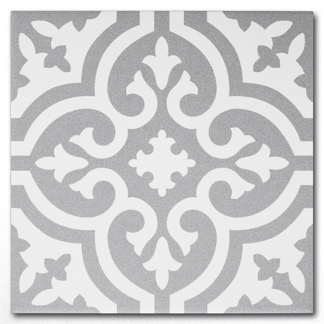A traditional fleur pattern tile in grey and white for bathroom kitchen laundry room walls and floors. 