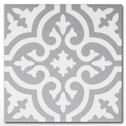 A traditional fleur pattern tile in grey and white for bathroom kitchen laundry room walls and floors. 