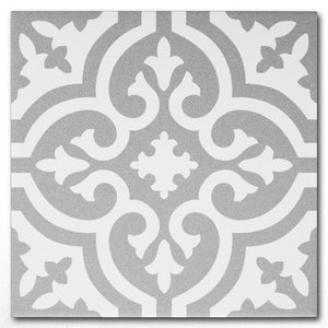 Fleur Greyscale classic matte porcelain decorative pattern tile for residential and commercial bathroom and kitchen floor and wall imported from Portugal, Kerion Décor Classic E Titane available from TilesInspired Canada's Online Tile Store delivering across Ontario and Quebec, including Toronto, Montreal, Ottawa, London, Windsor, Kitchener, Muskoka, Barrie, Kingston, Hamilton, and Niagara renovation idea