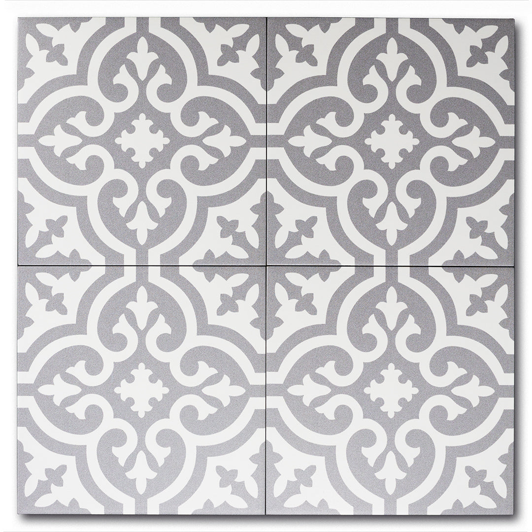 Fleur Greyscale classic matte porcelain decorative pattern tile for residential and commercial bathroom and kitchen floor and wall imported from Portugal, Kerion Décor Classic E Titane available from TilesInspired Canada's Online Tile Store delivering across Ontario and Quebec, including Toronto, Montreal, Ottawa, London, Windsor, Kitchener, Muskoka, Barrie, Kingston, Hamilton, and Niagara renovation idea