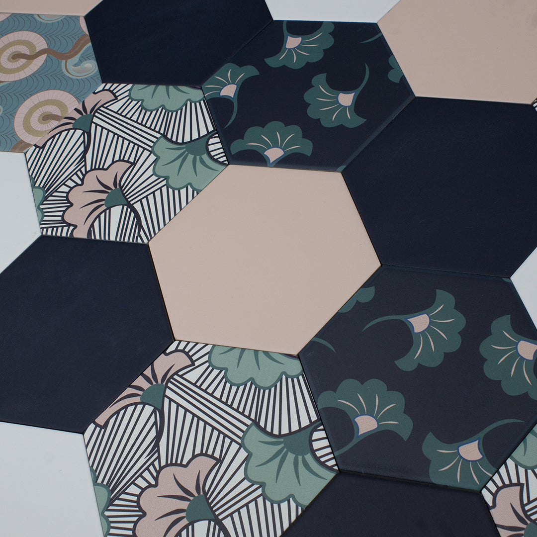Good Vibes Blossom Black, Green, and Pink modern matte porcelain hexagon tile for commercial bathroom and kitchen floor and wall imported from Spain, Cevica Good Vibes Dec 3 available from TilesInspired Canada's Online Tile Store delivering across Ontario and Quebec, including Toronto, Montreal, Ottawa, London, Windsor, Kitchener, Muskoka, Barrie, Kingston, Hamilton, and Niagara design idea