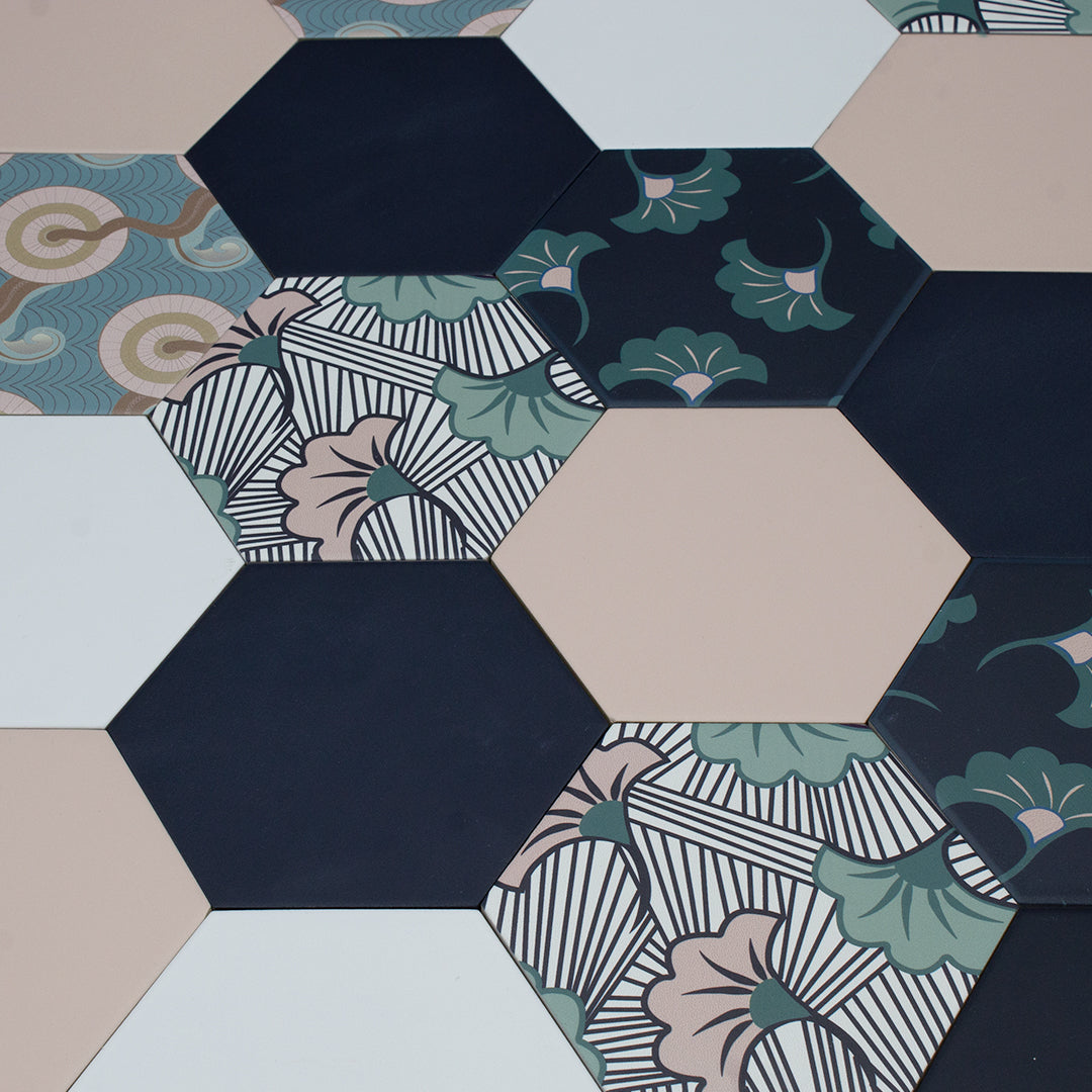 Good Vibes Mignight Blue Navy modern matte porcelain hexagon tile for residential and commercial bathroom and kitchen floor and wall imported from Spain, Cevica Good Vibes Navy available from TilesInspired Canada's Online Tile Store delivering across Ontario and Quebec, including Toronto, Montreal, Ottawa, London, Windsor, Kitchener, Muskoka, Barrie, Kingston, Hamilton, and Niagara decoration idea