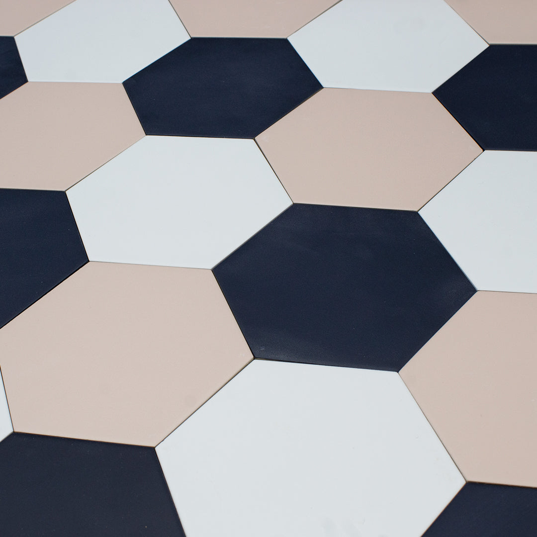 Good Vibes Mignight Blue Navy modern matte porcelain hexagon tile for residential and commercial bathroom and kitchen floor and wall imported from Spain, Cevica Good Vibes Navy available from TilesInspired Canada's Online Tile Store delivering across Ontario and Quebec, including Toronto, Montreal, Ottawa, London, Windsor, Kitchener, Muskoka, Barrie, Kingston, Hamilton, and Niagara decoration idea