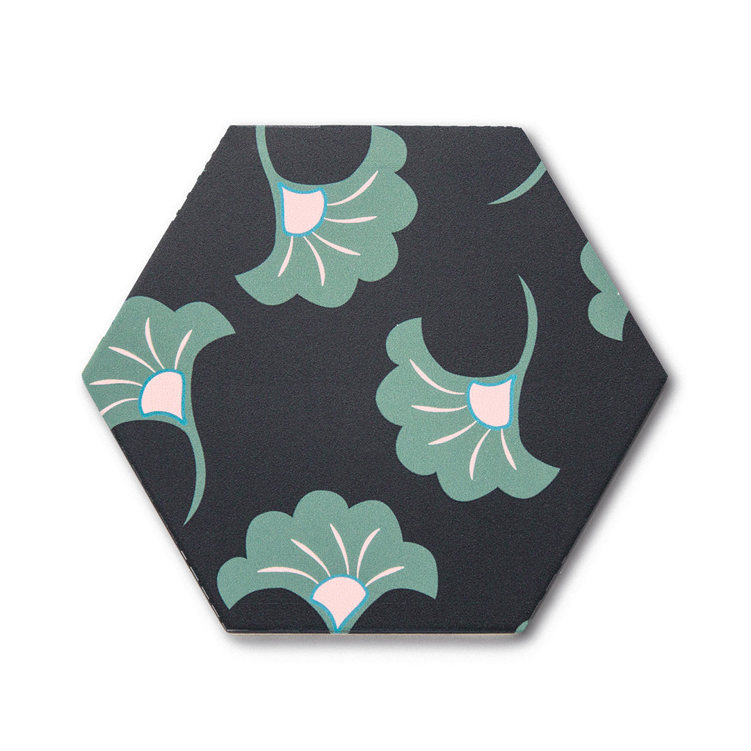 Good Vibes Blossom Black, Green, and Pink modern matte porcelain hexagon tile for commercial bathroom and kitchen floor and wall imported from Spain, Cevica Good Vibes Dec 3 available from TilesInspired Canada's Online Tile Store delivering across Ontario and Quebec, including Toronto, Montreal, Ottawa, London, Windsor, Kitchener, Muskoka, Barrie, Kingston, Hamilton, and Niagara design idea