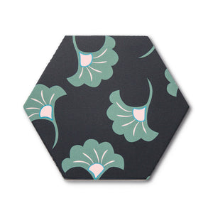 Good Vibes Blossom Black, Green, and Pink modern matte porcelain hexagon tile for commercial bathroom and kitchen floor and wall imported from Spain, Cevica Good Vibes Dec 3 available from TilesInspired Canada's Online Tile Store delivering across Ontario and Quebec, including Toronto, Montreal, Ottawa, London, Windsor, Kitchener, Muskoka, Barrie, Kingston, Hamilton, and Niagara design idea
