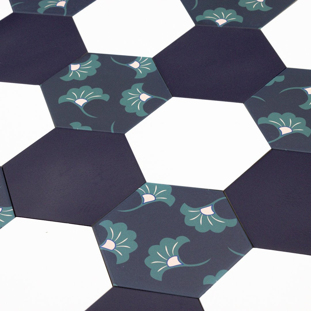 Good Vibes Blossom Black, Green, and Pink modern matte porcelain hexagon tile for commercial bathroom and kitchen floor and wall imported from Spain, Cevica Good Vibes Dec 3 available from TilesInspired Canada's Online Tile Store delivering across Ontario and Quebec, including Toronto, Montreal, Ottawa, London, Windsor, Kitchener, Muskoka, Barrie, Kingston, Hamilton, and Niagara design idea