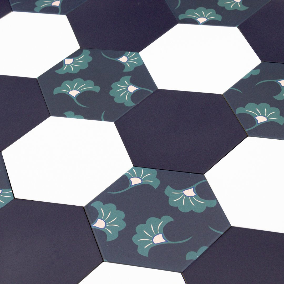Good Vibes Blossom Black, Green, and Pink modern matte porcelain hexagon tile for commercial bathroom and kitchen floor and wall imported from Spain, Cevica Good Vibes Dec 3 available from TilesInspired Canada's Online Tile Store delivering across Ontario and Quebec, including Toronto, Montreal, Ottawa, London, Windsor, Kitchener, Muskoka, Barrie, Kingston, Hamilton, and Niagara design idea