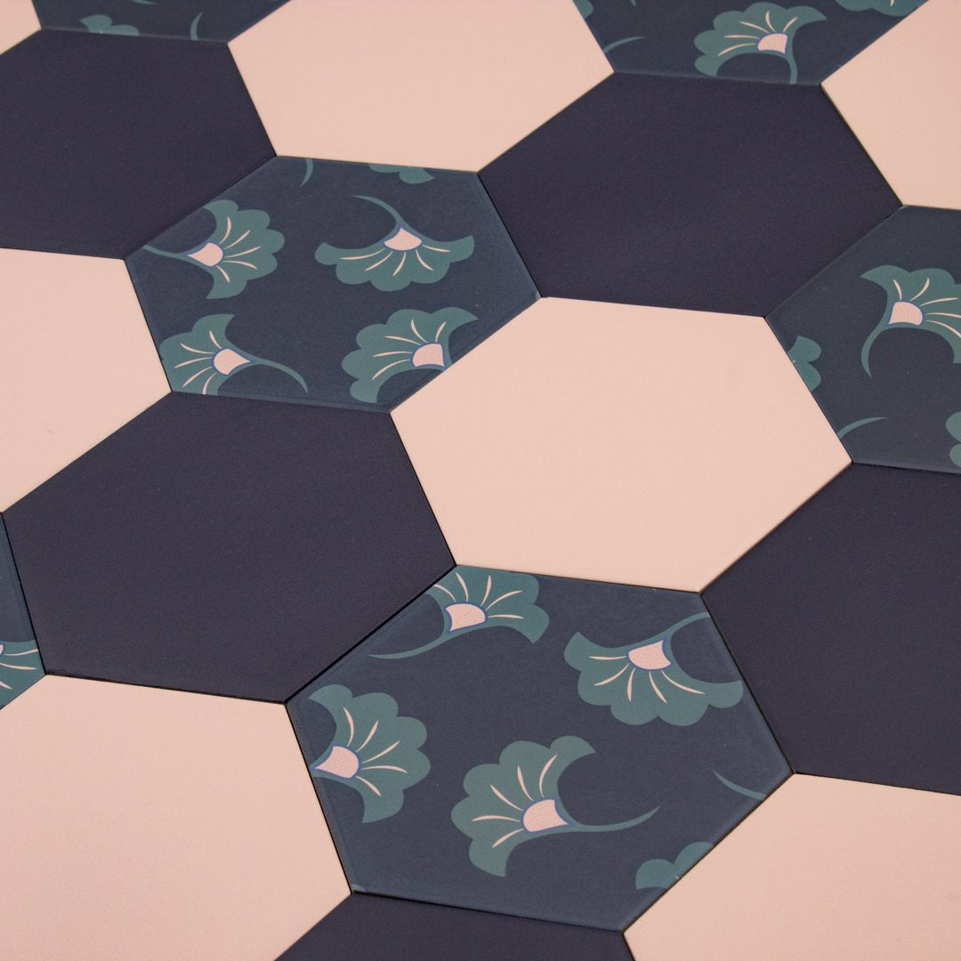 Good Vibes Blossom Black, Green, and Pink modern matte porcelain hexagon tile for commercial bathroom and kitchen floor and wall imported from Spain, Cevica Good Vibes Dec 3 available from TilesInspired Canada's Online Tile Store delivering across Ontario and Quebec, including Toronto, Montreal, Ottawa, London, Windsor, Kitchener, Muskoka, Barrie, Kingston, Hamilton, and Niagara design idea