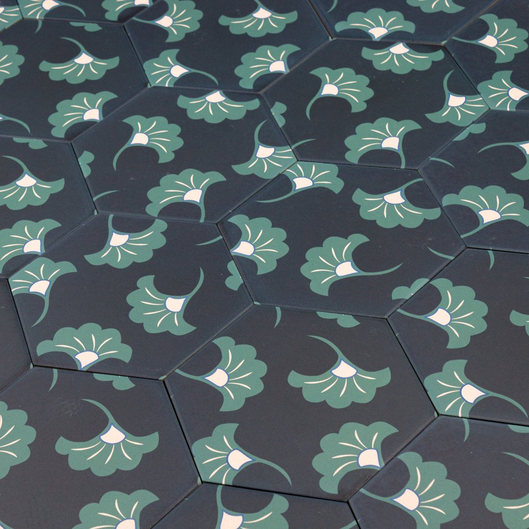 Good Vibes Blossom Black, Green, and Pink modern matte porcelain hexagon tile for commercial bathroom and kitchen floor and wall imported from Spain, Cevica Good Vibes Dec 3 available from TilesInspired Canada's Online Tile Store delivering across Ontario and Quebec, including Toronto, Montreal, Ottawa, London, Windsor, Kitchener, Muskoka, Barrie, Kingston, Hamilton, and Niagara design idea