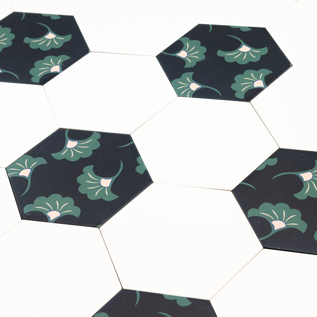 Good Vibes Blossom Black, Green, and Pink modern matte porcelain hexagon tile for commercial bathroom and kitchen floor and wall imported from Spain, Cevica Good Vibes Dec 3 available from TilesInspired Canada's Online Tile Store delivering across Ontario and Quebec, including Toronto, Montreal, Ottawa, London, Windsor, Kitchener, Muskoka, Barrie, Kingston, Hamilton, and Niagara design idea