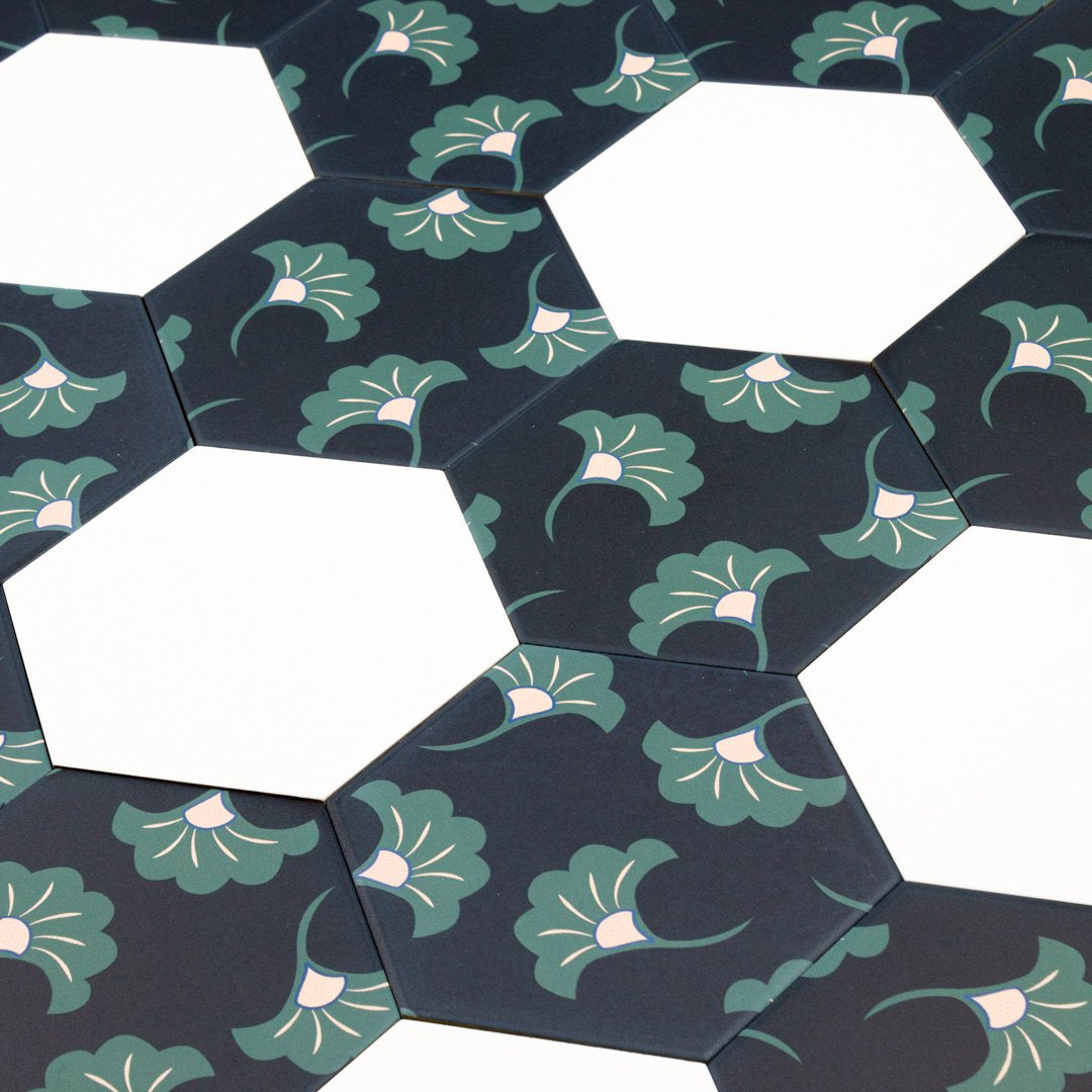 Good Vibes Blossom Black, Green, and Pink modern matte porcelain hexagon tile for commercial bathroom and kitchen floor and wall imported from Spain, Cevica Good Vibes Dec 3 available from TilesInspired Canada's Online Tile Store delivering across Ontario and Quebec, including Toronto, Montreal, Ottawa, London, Windsor, Kitchener, Muskoka, Barrie, Kingston, Hamilton, and Niagara design idea