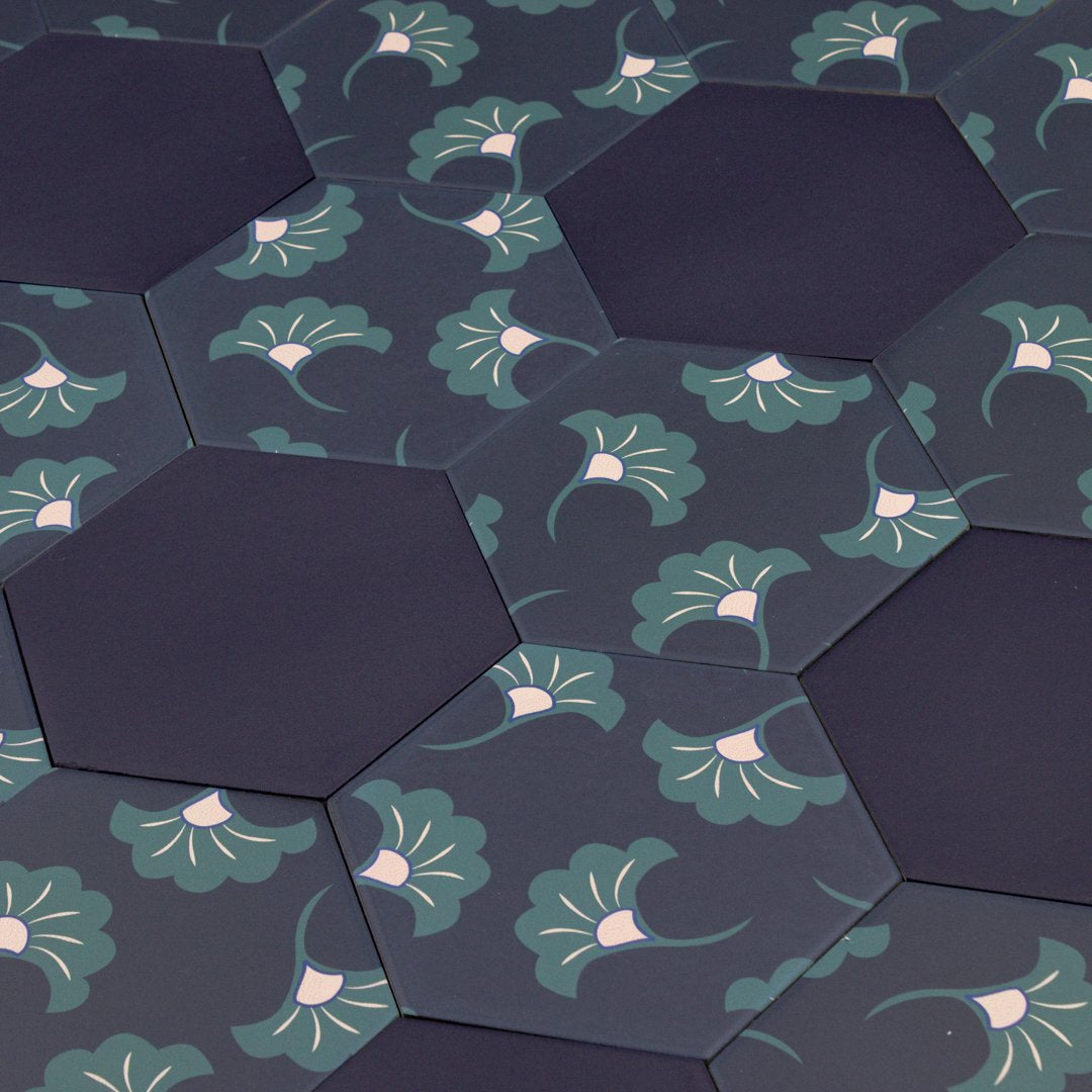 Good Vibes Blossom Black, Green, and Pink modern matte porcelain hexagon tile for commercial bathroom and kitchen floor and wall imported from Spain, Cevica Good Vibes Dec 3 available from TilesInspired Canada's Online Tile Store delivering across Ontario and Quebec, including Toronto, Montreal, Ottawa, London, Windsor, Kitchener, Muskoka, Barrie, Kingston, Hamilton, and Niagara design idea