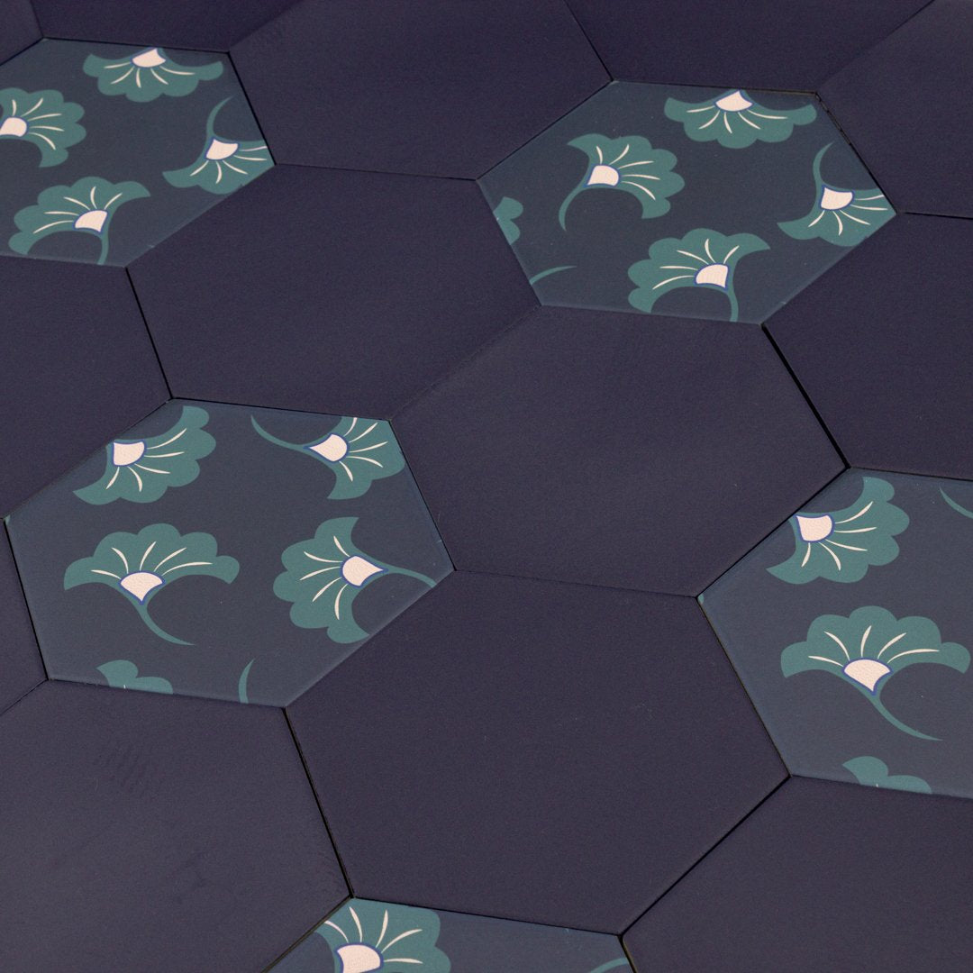 Good Vibes Blossom Black, Green, and Pink modern matte porcelain hexagon tile for commercial bathroom and kitchen floor and wall imported from Spain, Cevica Good Vibes Dec 3 available from TilesInspired Canada's Online Tile Store delivering across Ontario and Quebec, including Toronto, Montreal, Ottawa, London, Windsor, Kitchener, Muskoka, Barrie, Kingston, Hamilton, and Niagara design idea