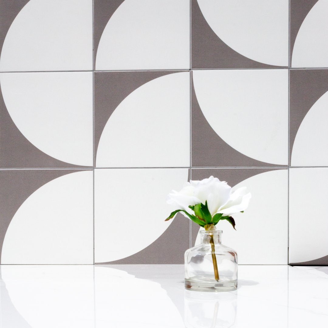 Harvest Moon Grey and White modern matte porcelain decorative pattern tile for residential and commercial bathroom and kitchen floor and wall imported from Portugal, Kerion Décor Lune Graphite available from TilesInspired Canada's Online Tile Store delivering across Ontario and Quebec, including Toronto, Montreal, Ottawa, London, Windsor, Kitchener, Muskoka, Barrie, Kingston, Hamilton, and Niagara renovation idea