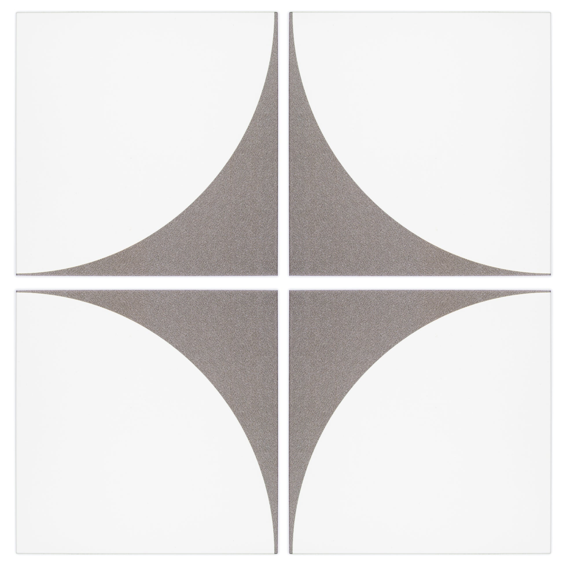 Harvest Moon Grey and White modern matte porcelain decorative pattern tile has the white semicircle and small slice of grey to create a star pattern when cornered together. 