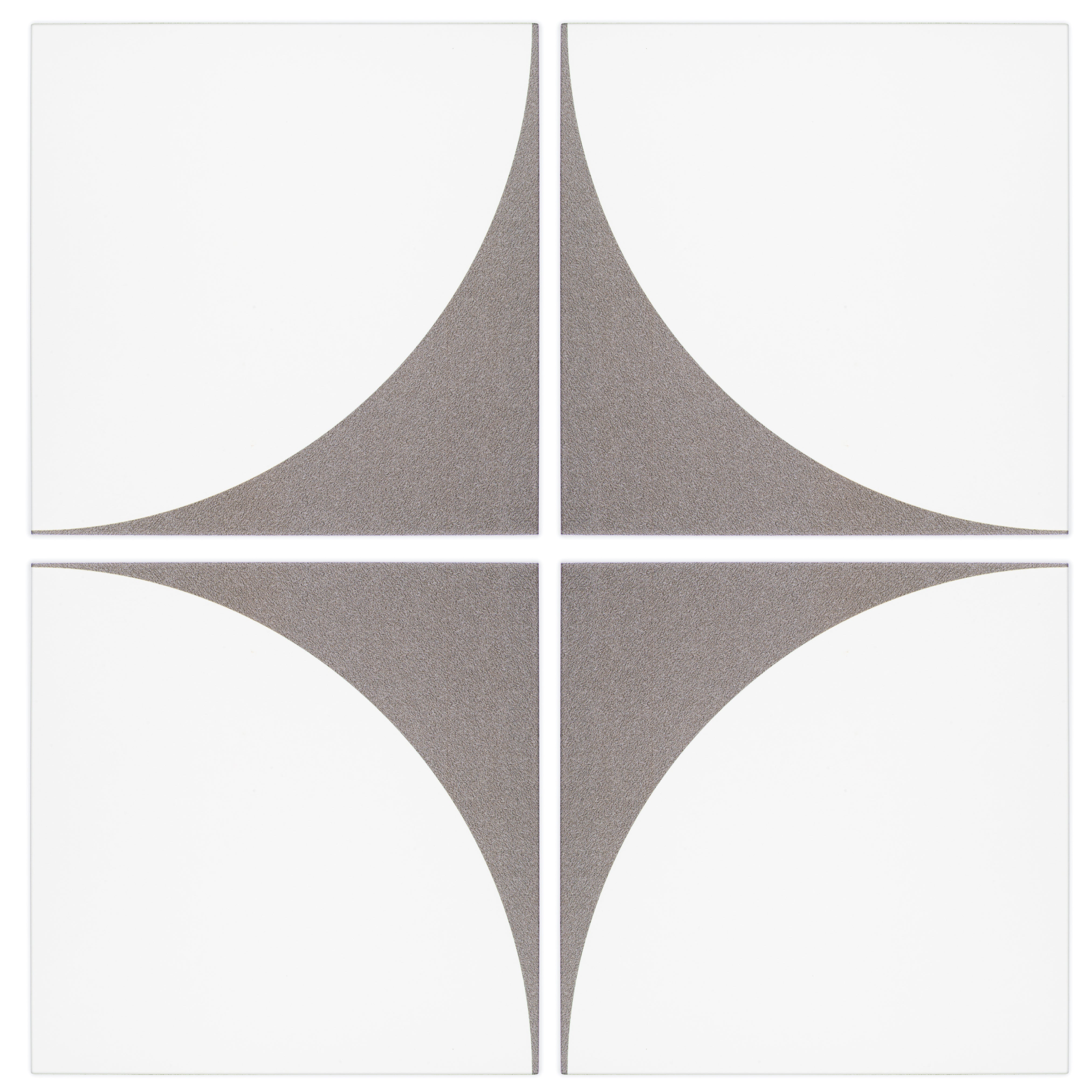 Harvest Moon Grey and White modern matte porcelain decorative pattern tile has the white semicircle and small slice of grey to create a star pattern when cornered together. 