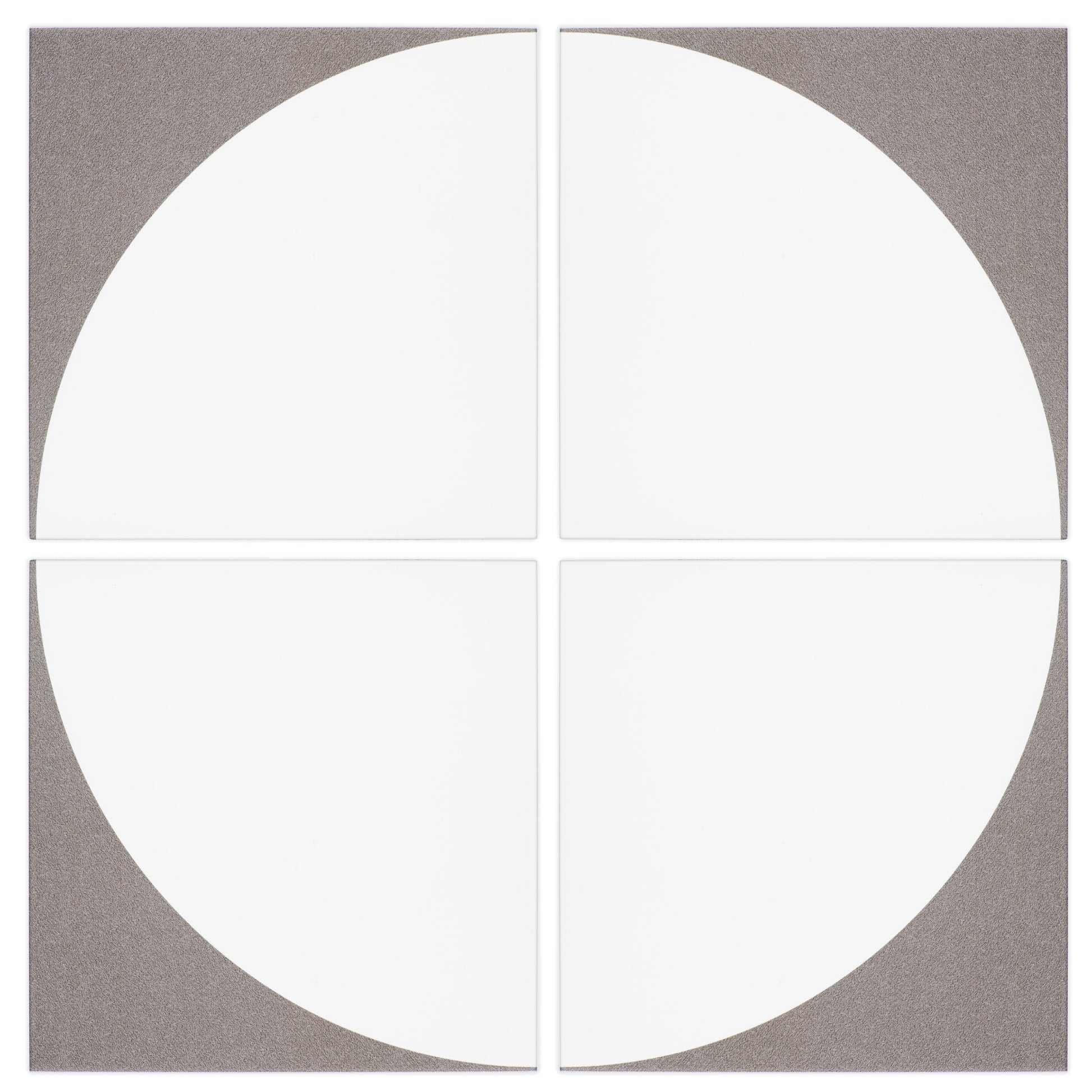 Harvest Moon Grey and White modern matte porcelain decorative pattern tile is reminiscent of the moon with a white semi circle for endless possibilities for your pattern of choice. 